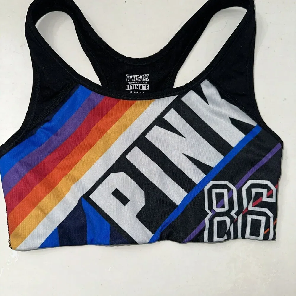 Victoria's Secret PINK Ultimate Rainbow 86 White Back Racerback Sport Bra SizeXS